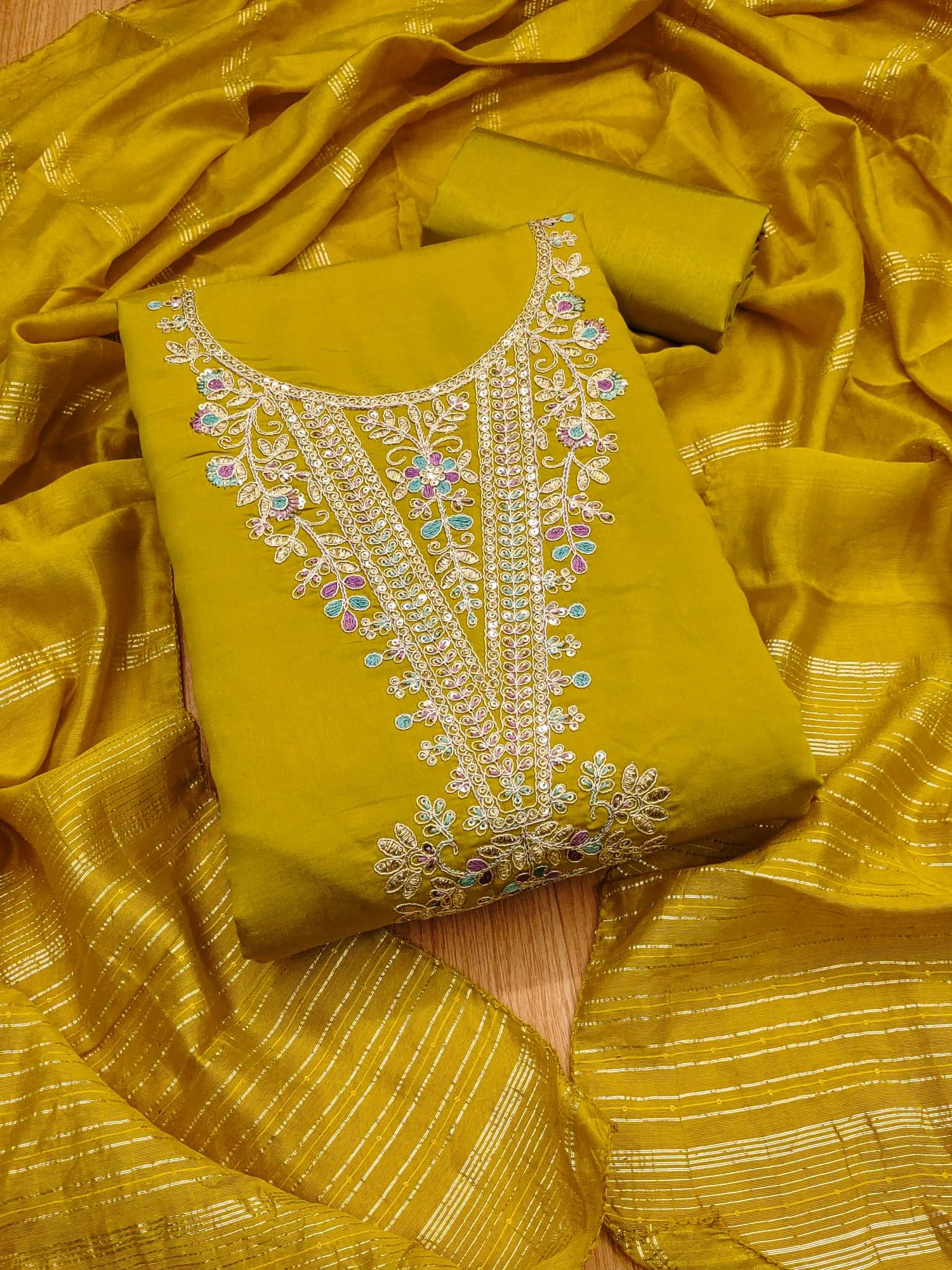     			Shree Mahantam Women Chanderi Unstitched Dress Material ( Yellow )