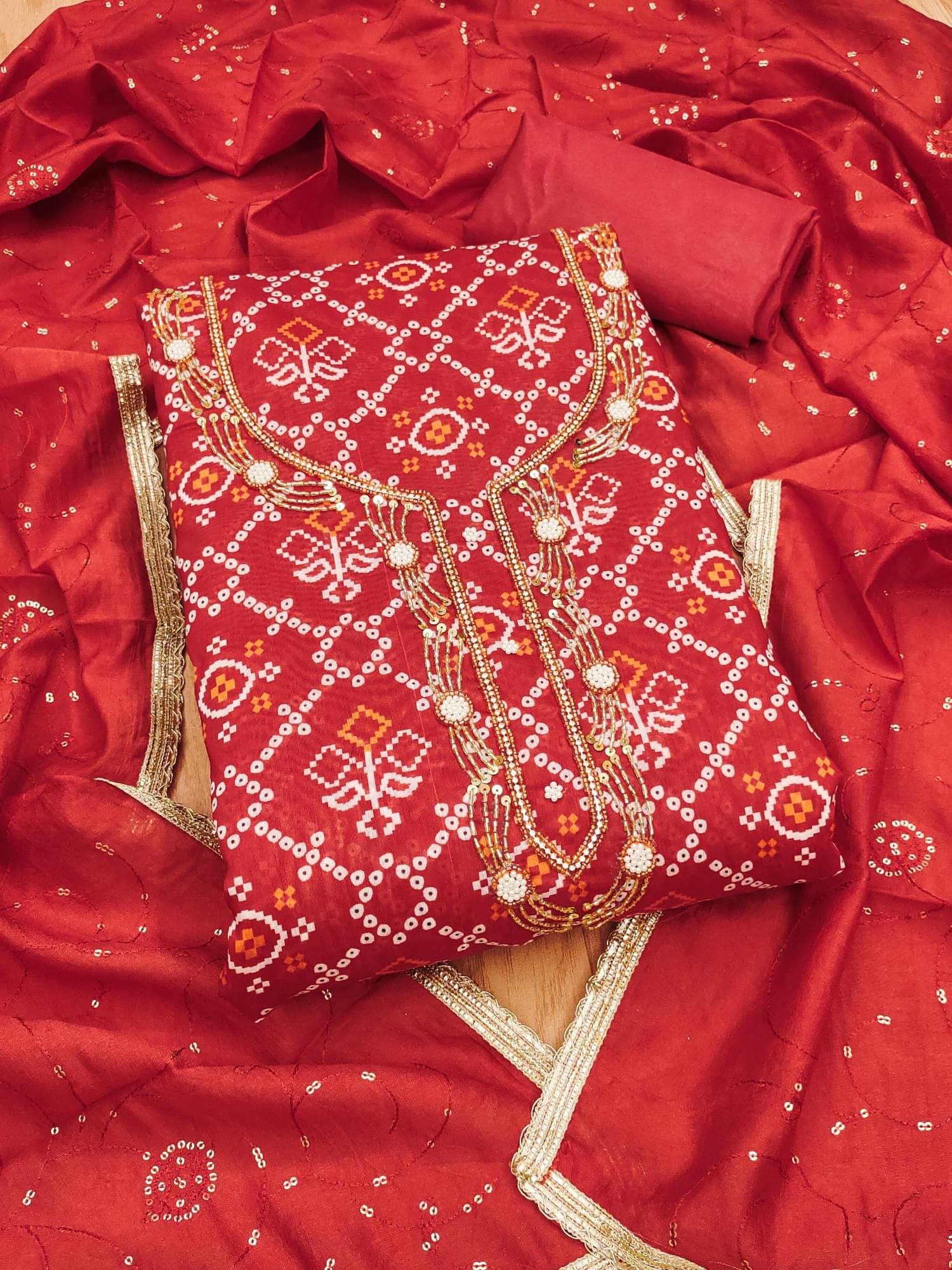 Shree Mahantam Women Chanderi Unstitched Dress Material ( Red )     			Shree Mahantam Women Chanderi Unstitched Dress Material ( Red )