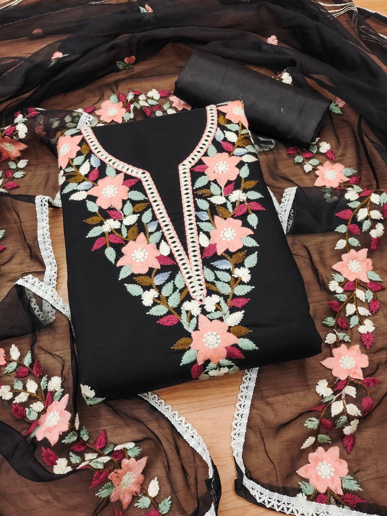 Shree Mahantam Women Chanderi Unstitched Dress Material ( Black )     			Shree Mahantam Women Chanderi Unstitched Dress Material ( Black )