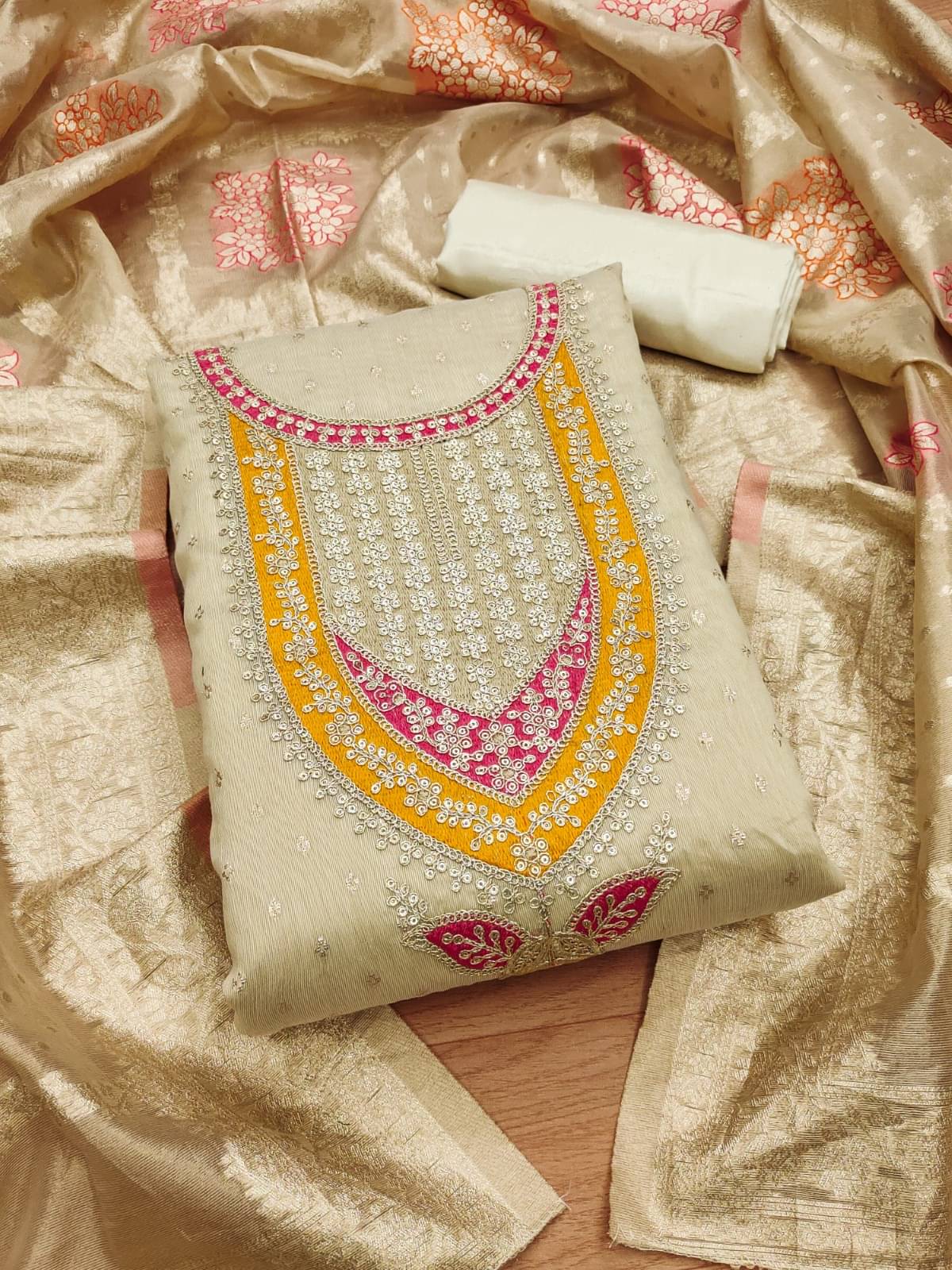     			Shree Mahantam Women Jacquard Unstitched Dress Material ( White )