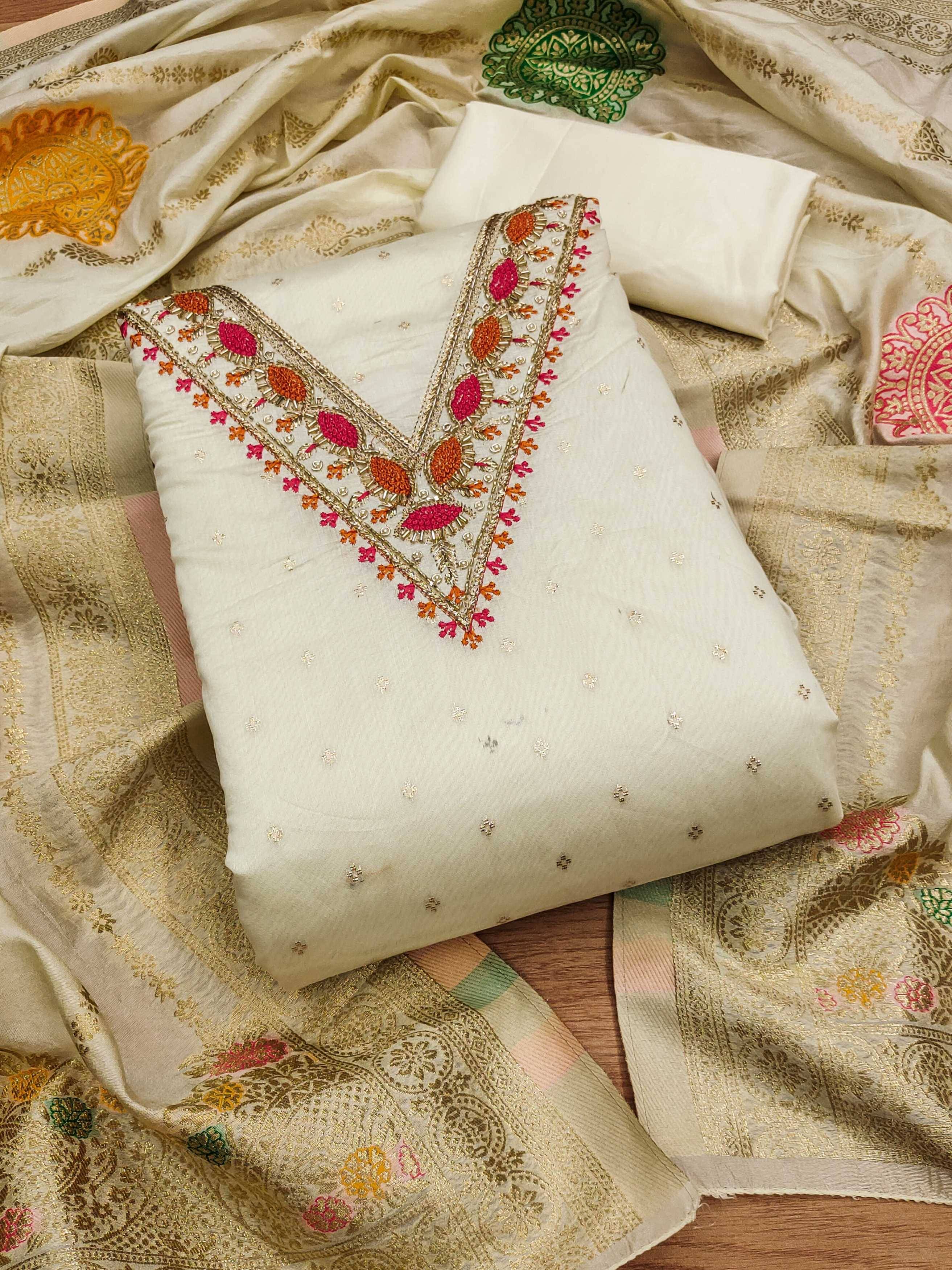 Shree Mahantam Women Jacquard Unstitched Dress Material ( White )     			Shree Mahantam Women Jacquard Unstitched Dress Material ( White )