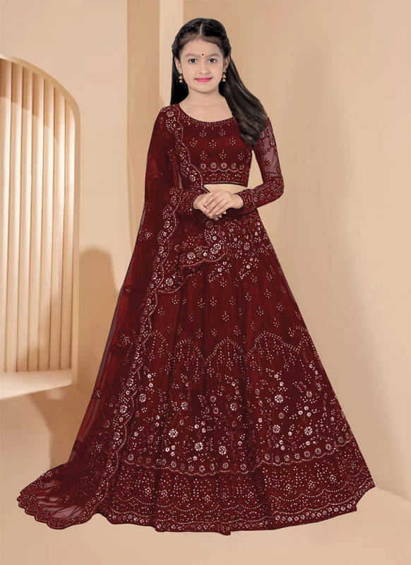     			Supar Sleave Net Lehenga Choli Set For Girls ( Pack of 1 , Maroon )