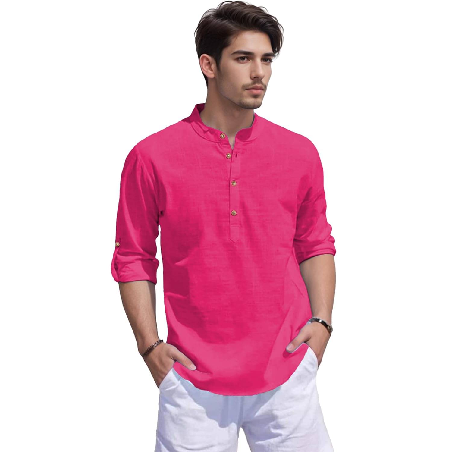 Yugnik Pink Cotton Men's Shirt Style Kurta ( Pack of 1 )     			Yugnik Pink Cotton Men's Shirt Style Kurta ( Pack of 1 )