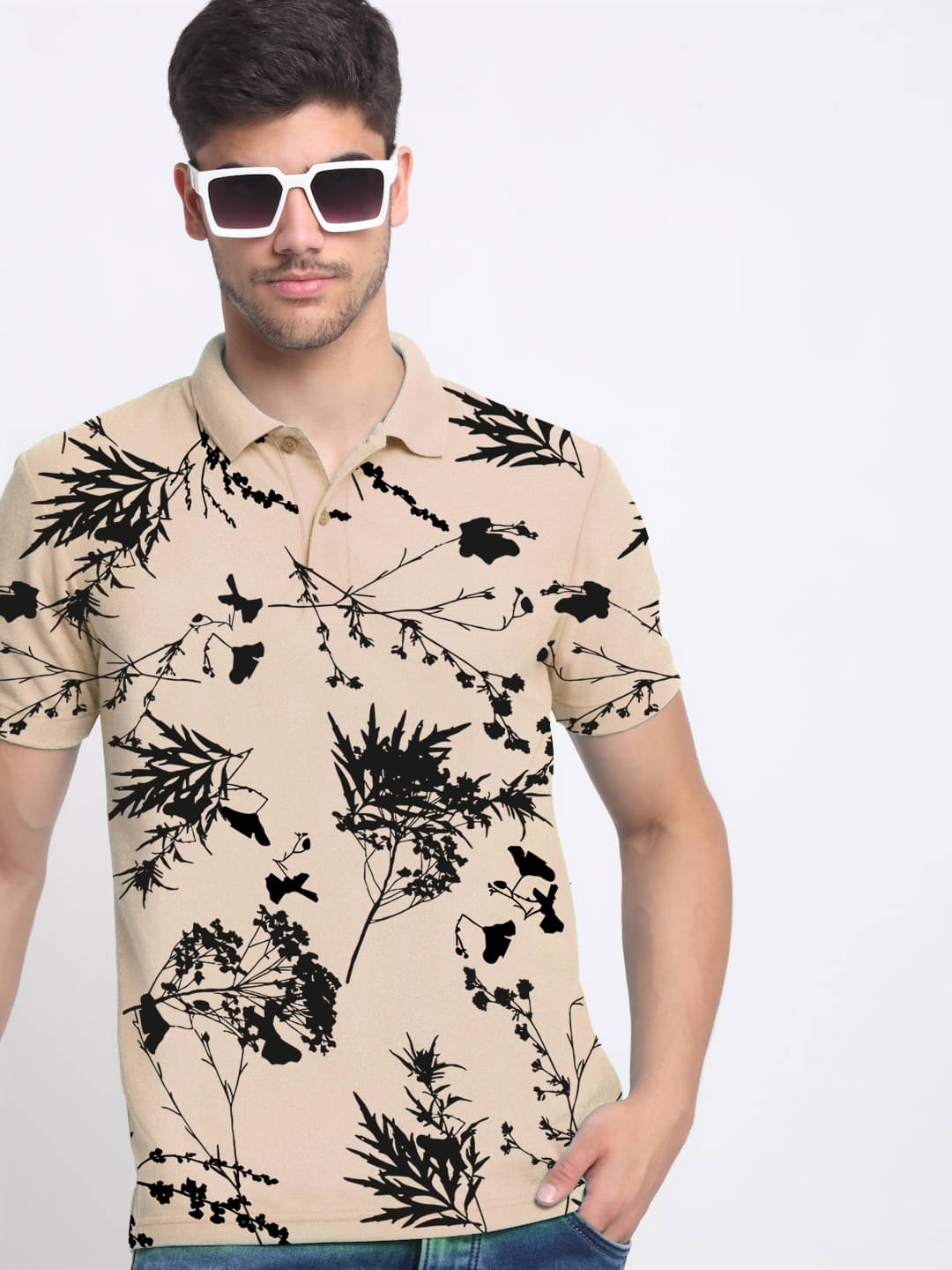 AIN6 Men Cotton Blend Regular Fit Printed Polo T Shirt ( Beige )     			AIN6 Men Cotton Blend Regular Fit Printed Polo T Shirt ( Beige )