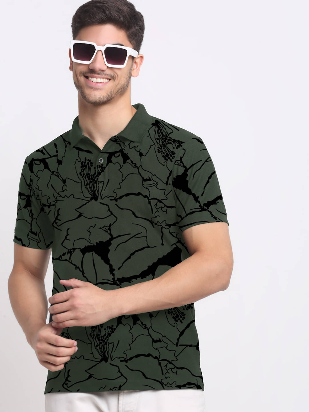     			AIN6 Men Cotton Blend Regular Fit Printed Polo T Shirt ( Olive )