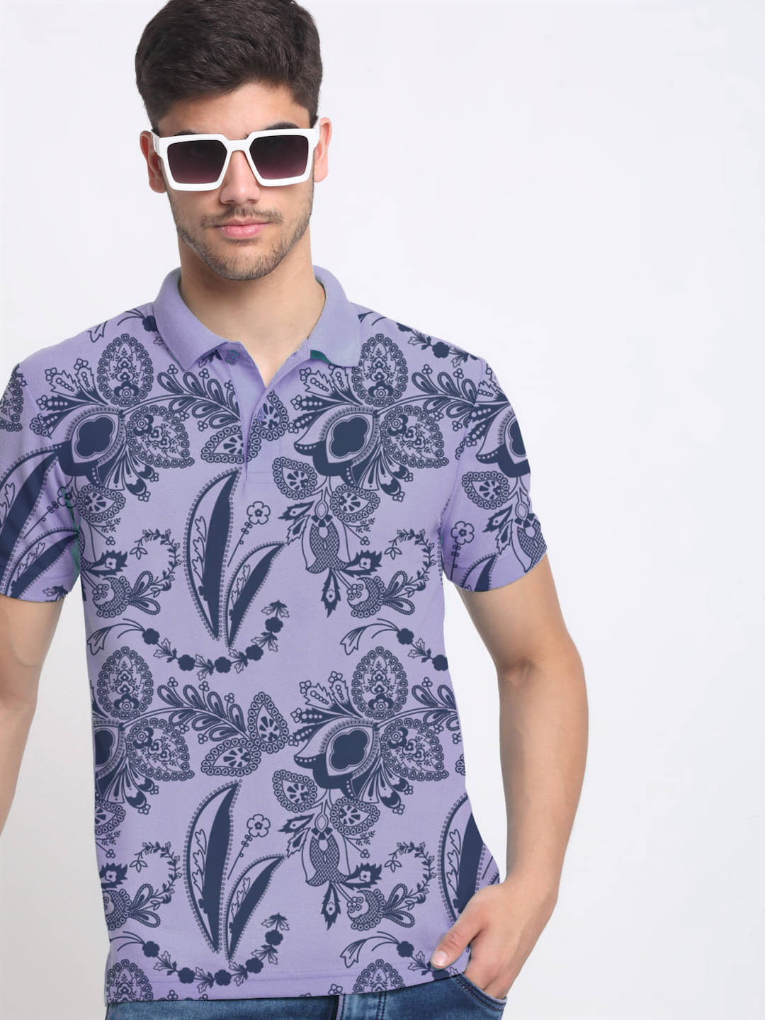     			AIN6 Men Cotton Blend Regular Fit Printed Polo T Shirt ( Lavender )