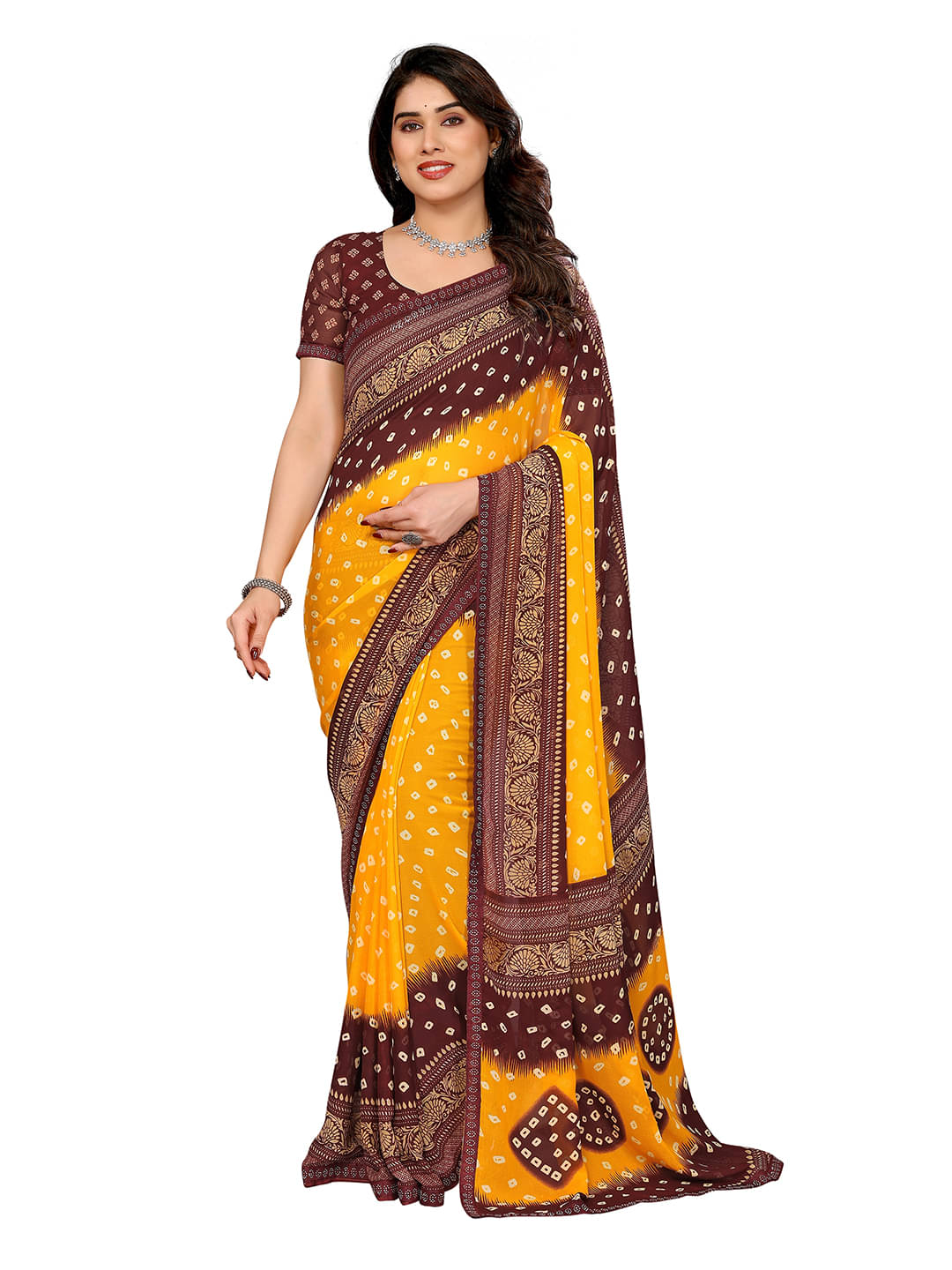 ANAND SAREES Georgette Printed Bandhani Sarees With Unstitched Blouse Piece ( Yellow ) ANAND SAREES Georgette Printed Bandhani Sarees With Unstitched Blouse Piece ( Yellow )