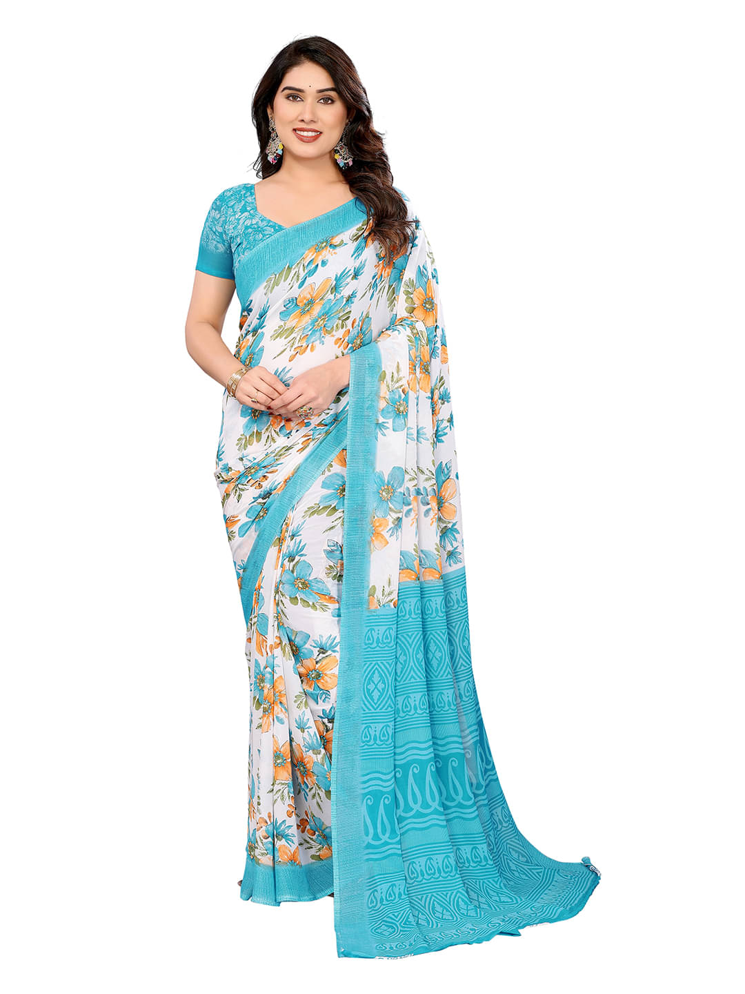 ANAND SAREES Georgette Printed Kasavu Saree With Unstitched Blouse Piece ( Blue ) ANAND SAREES Georgette Printed Kasavu Saree With Unstitched Blouse Piece ( Blue )