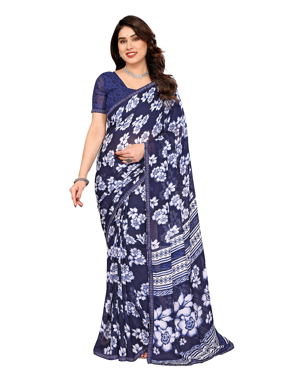     			ANAND SAREES Georgette Printed Kasavu Saree With Unstitched Blouse Piece ( Blue )
