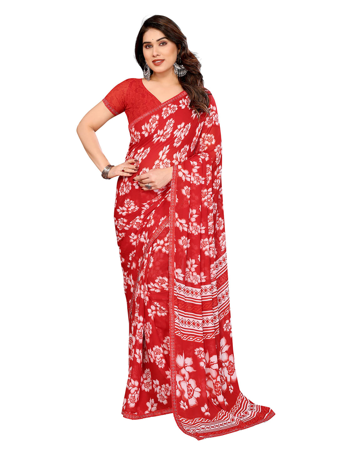 ANAND SAREES Georgette Printed Kasavu Saree With Unstitched Blouse Piece ( Red ) ANAND SAREES Georgette Printed Kasavu Saree With Unstitched Blouse Piece ( Red )