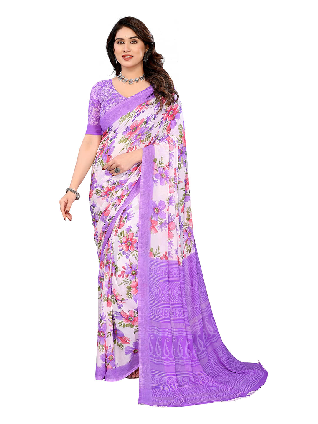     			ANAND SAREES Georgette Printed Kasavu Saree With Unstitched Blouse Piece ( Purple )