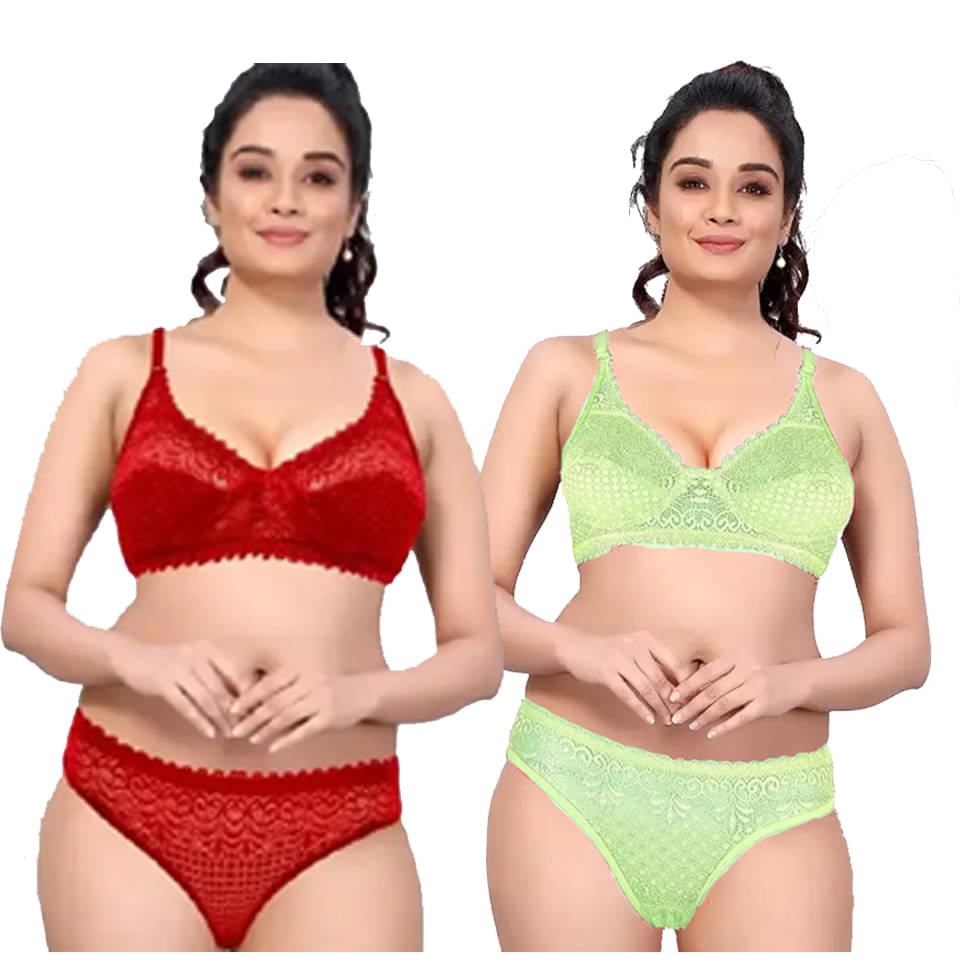     			BODY LABLE Pack of 2 Lace Bra & Panty Set For Women ( Red,Lime Green )