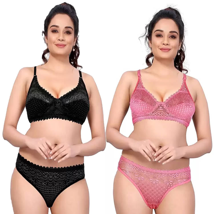 BODY LABLE Pack of 2 Lace Bra & Panty Set For Women ( Pink,Black )     			BODY LABLE Pack of 2 Lace Bra & Panty Set For Women ( Pink,Black )