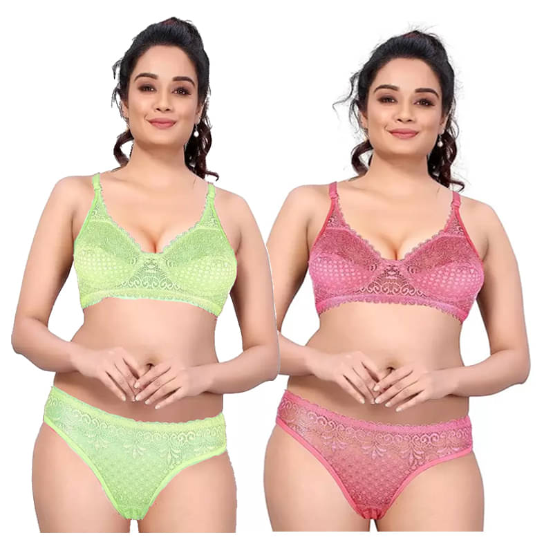 BODY LABLE Pack of 2 Lace Bra & Panty Set For Women ( Pink,Lime Green )     			BODY LABLE Pack of 2 Lace Bra & Panty Set For Women ( Pink,Lime Green )