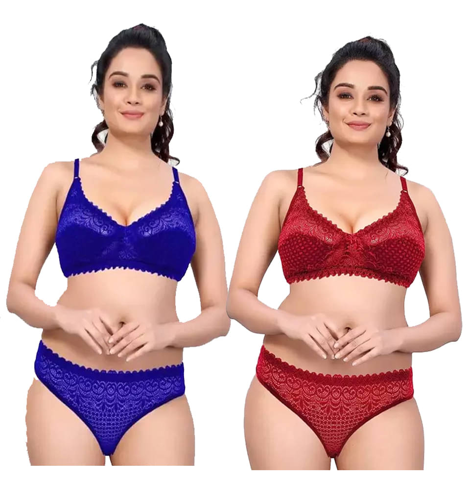     			BODY LABLE Pack of 2 Lace Bra & Panty Set For Women ( Maroon,Blue )