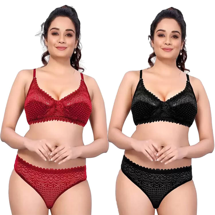 BODY LABLE Pack of 2 Lace Bra & Panty Set For Women ( Black,Maroon )     			BODY LABLE Pack of 2 Lace Bra & Panty Set For Women ( Black,Maroon )