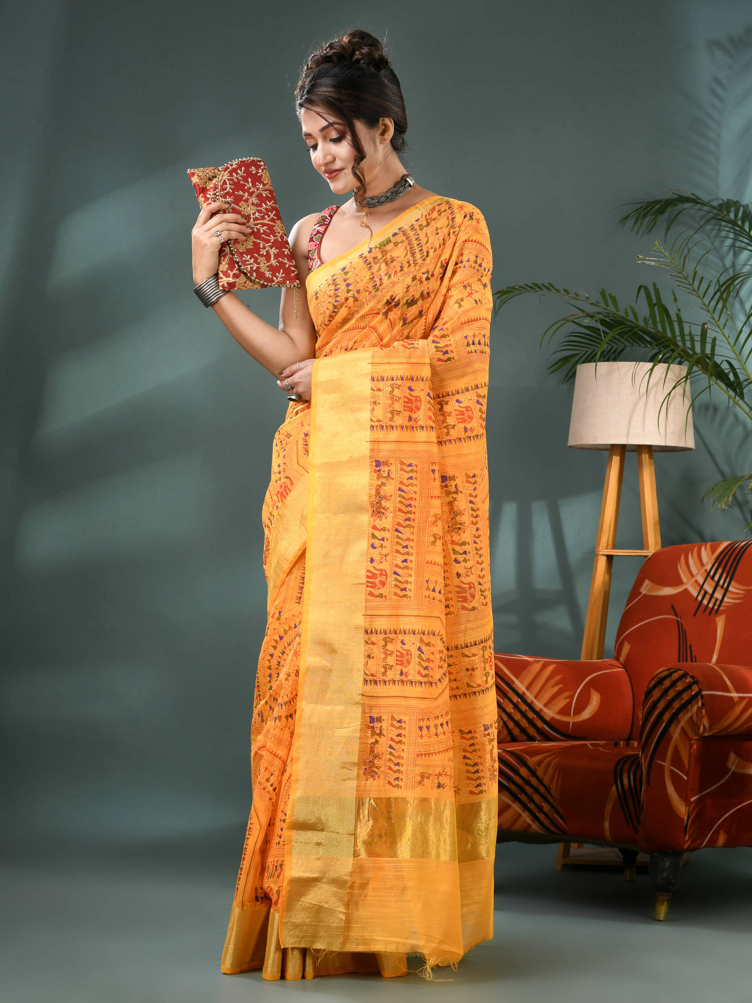 Desh Bidesh Cotton Silk Printed Banarasi saree With Unstitched Blouse Piece ( Yellow ) Desh Bidesh Cotton Silk Printed Banarasi saree With Unstitched Blouse Piece ( Yellow )