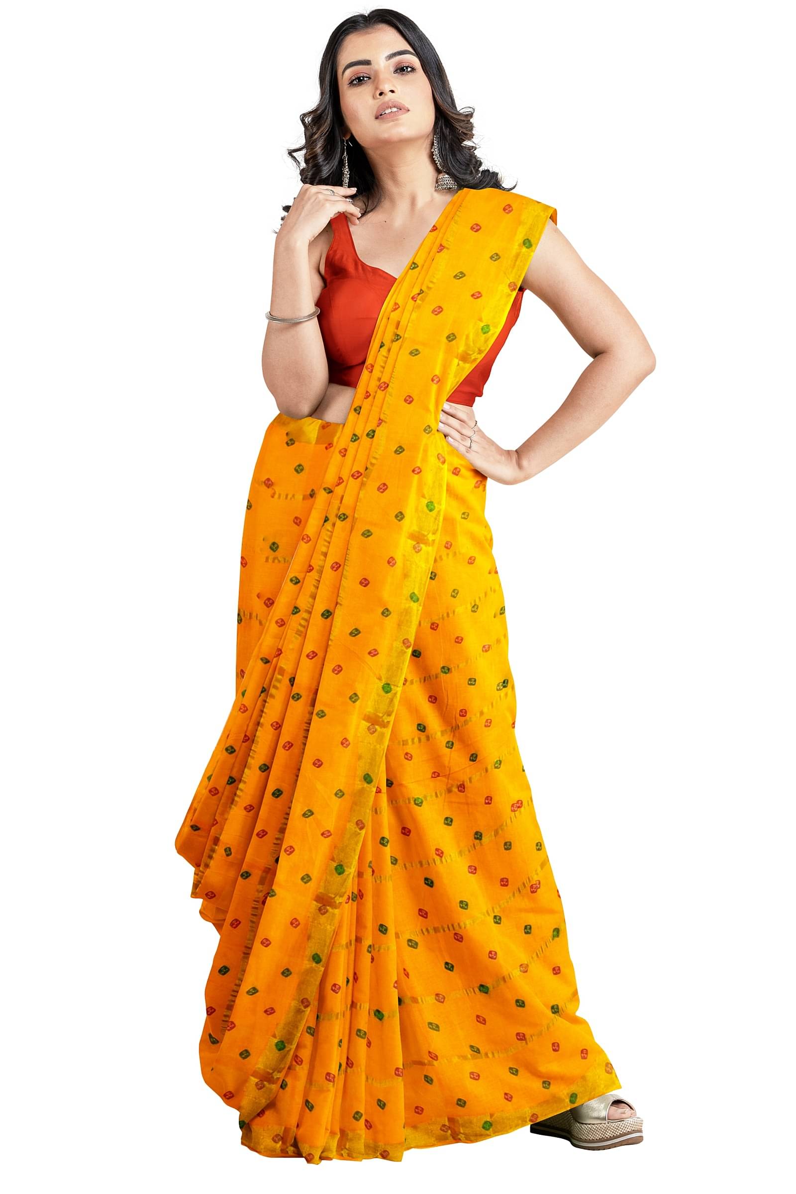     			Dishita Cotton Checks Bandhani Sarees Without Blouse Piece ( Yellow )