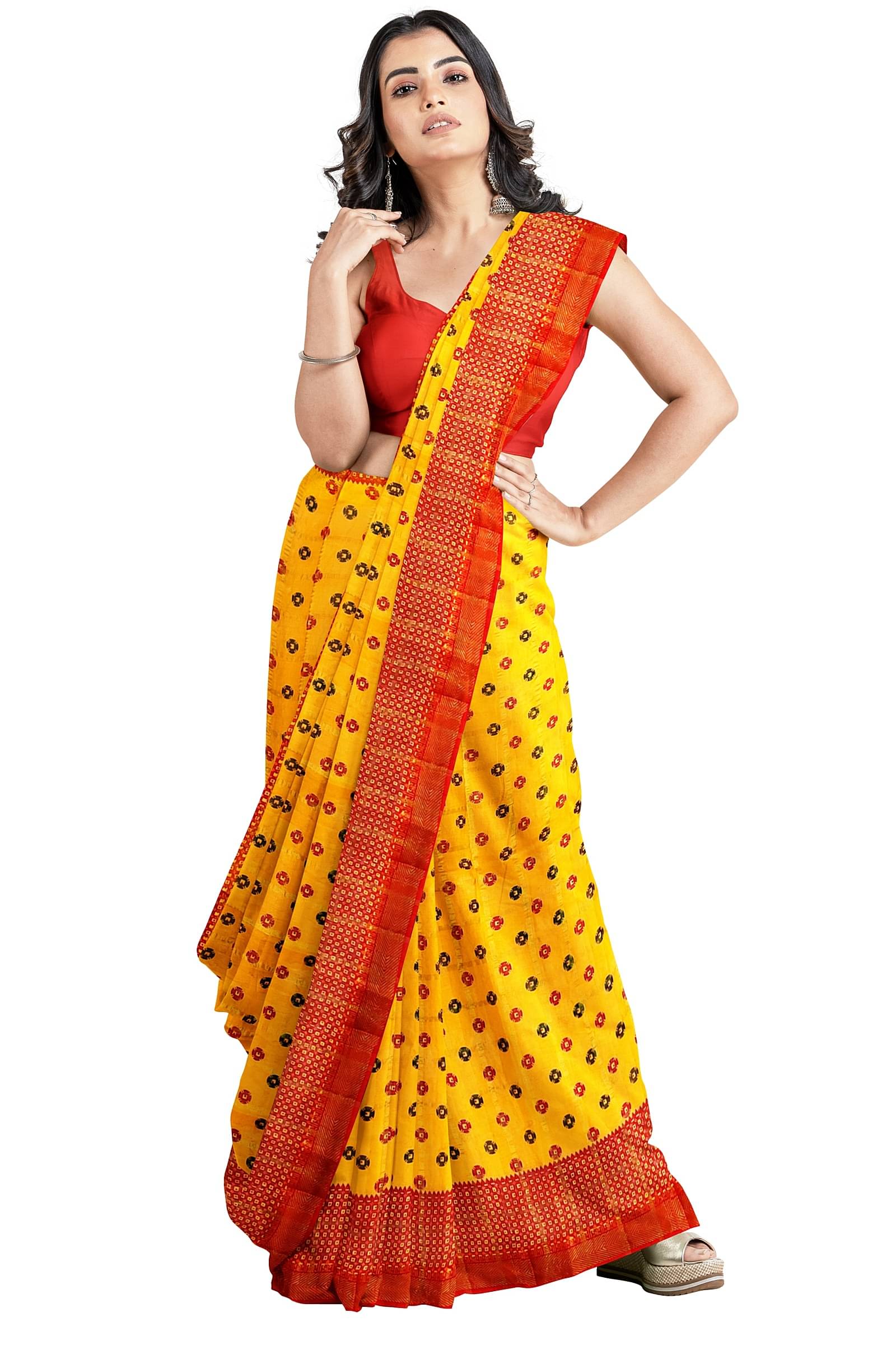     			Dishita Cotton Checks Bandhani Sarees Without Blouse Piece ( Yellow )