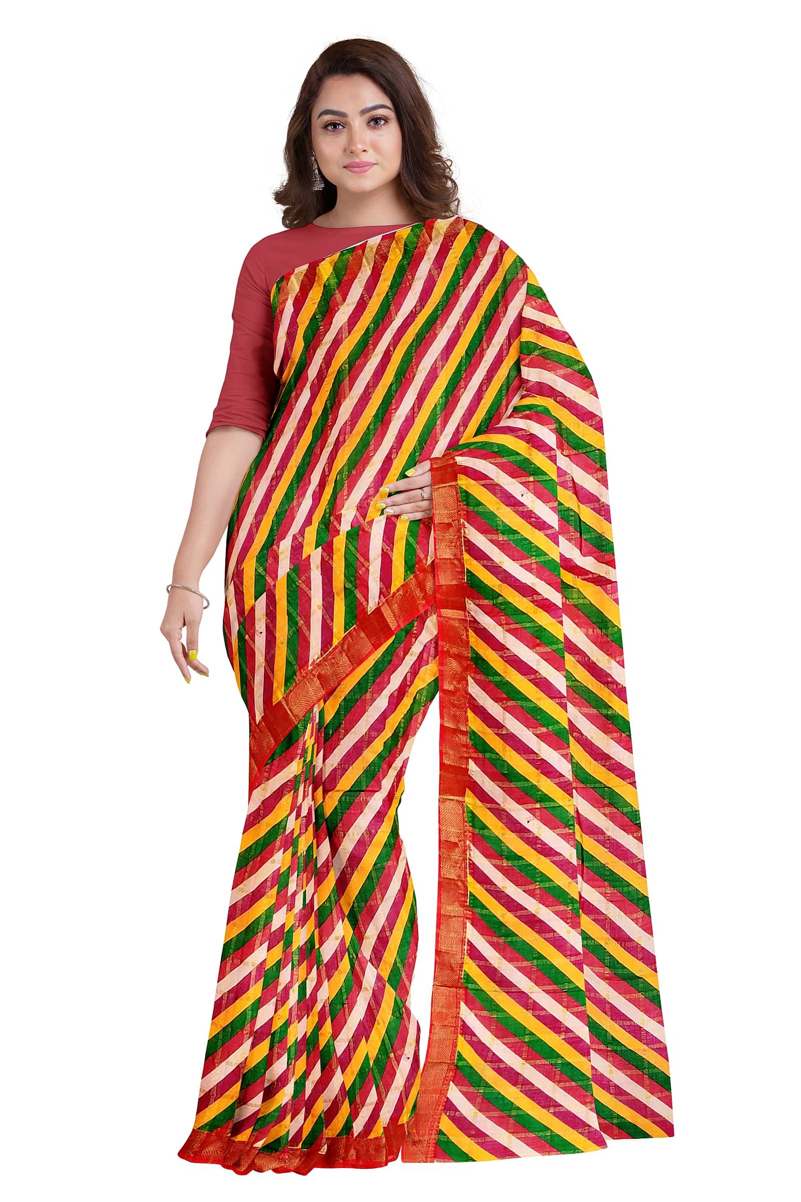     			Dishita Cotton Checks Leheriya Saree Without Blouse Piece ( Multicolor )