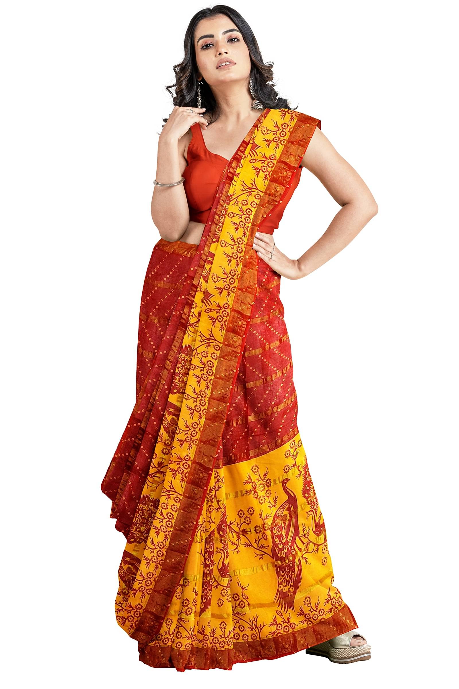    			Dishita Cotton Checks Bandhani Sarees Without Blouse Piece ( Red )