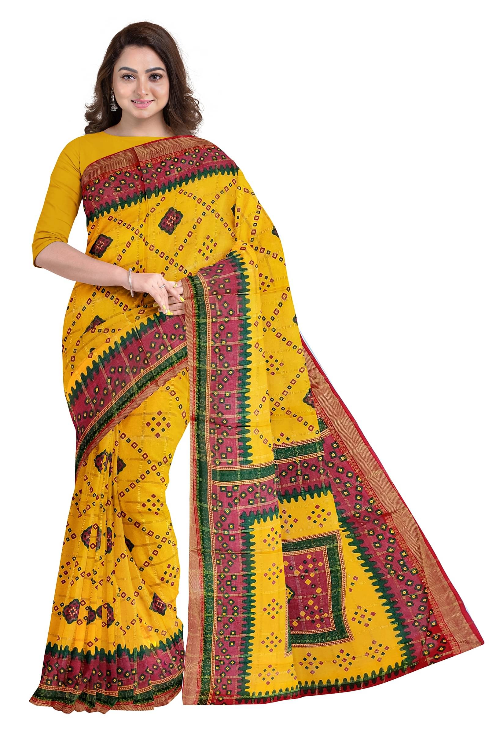     			Dishita Cotton Checks Bandhani Sarees Without Blouse Piece ( Yellow )