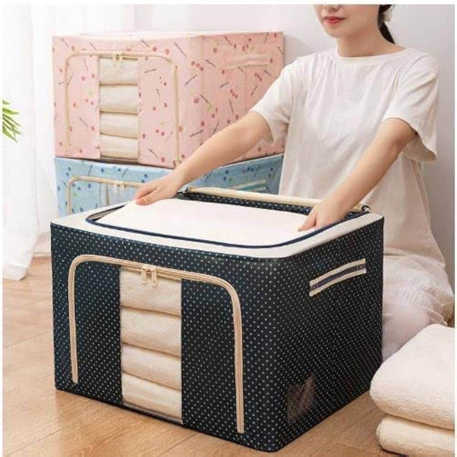     			Foldable & Collapsible Large 66L Garment Storage Bag For Wardrobe, Cloth Organizer Clothes Box, Saree Cover Dress Organiser (Pack Of 1) (Oxford Fabric Metal), Blue