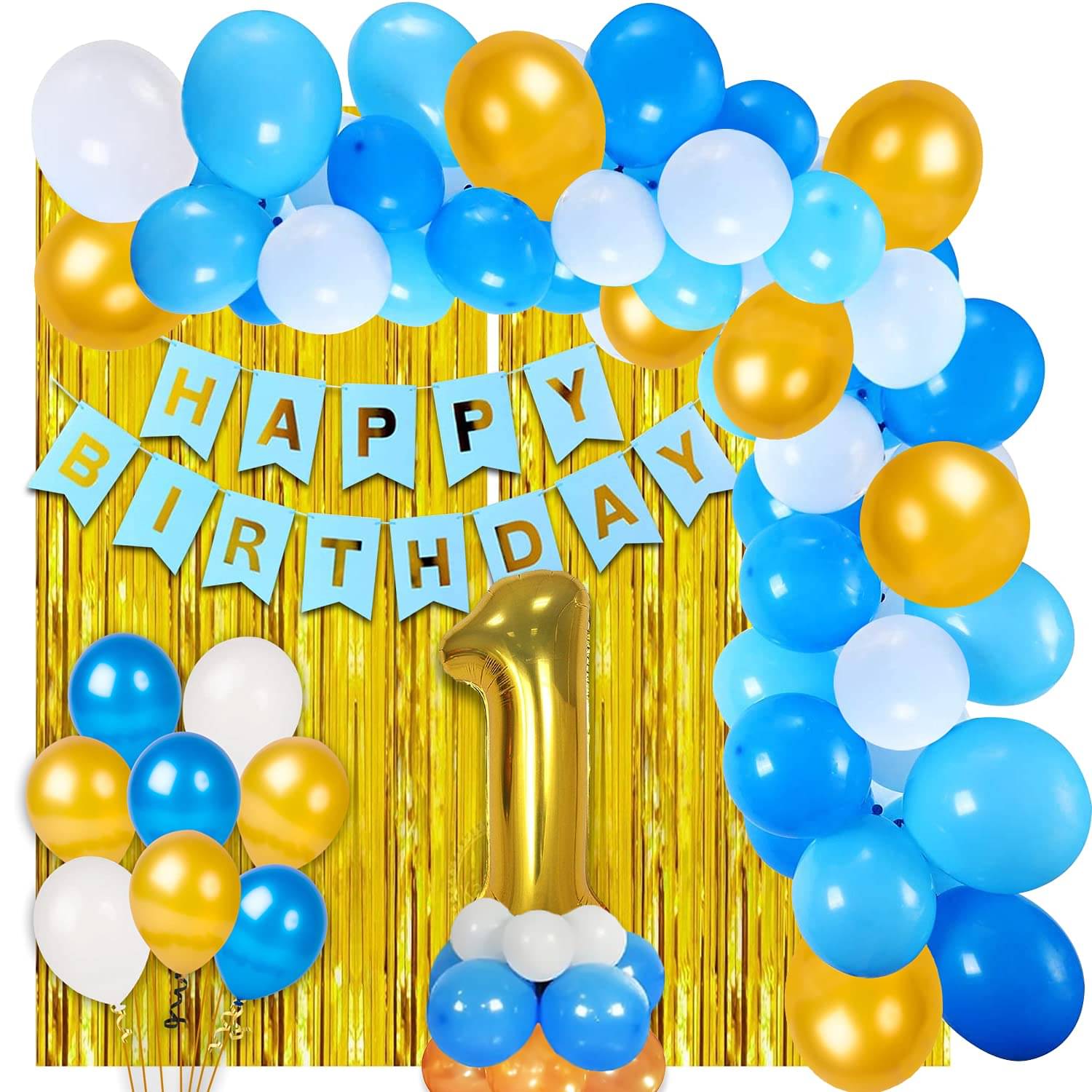     			Happy Birthday Banner Blue + 1 Fringe Curtain Gold + 1 Foil Number Gold + 30 Metallic Balloon Blue, Gold, White