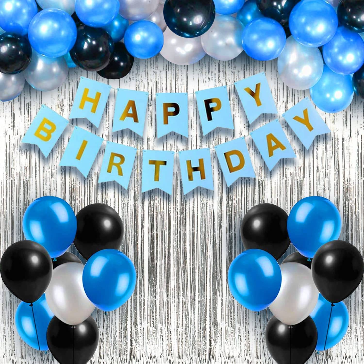 Happy Birthday Banner Multicolor + 1 Fringe Curtain silver + 30 Metallic Balloon ( Multicolor Happy Birthday Banner Multicolor + 1 Fringe Curtain silver + 30 Metallic Balloon ( Multicolor