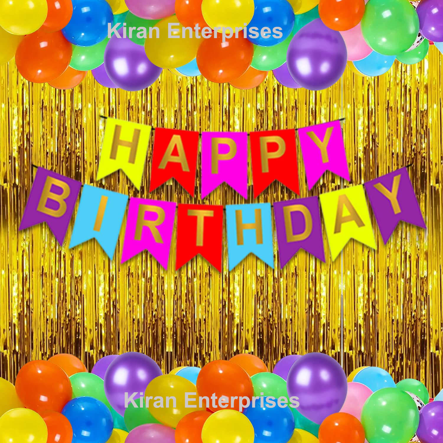     			Happy Birthday Banner Multicolor + 1 Fringe Curtain Gold + 30 Metallic Balloon ( Multicolor