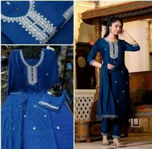 Jivandhara Women Cotton Blend Embroidered A-line Kurti With Pants ( Blue ) Jivandhara Women Cotton Blend Embroidered A-line Kurti With Pants ( Blue )