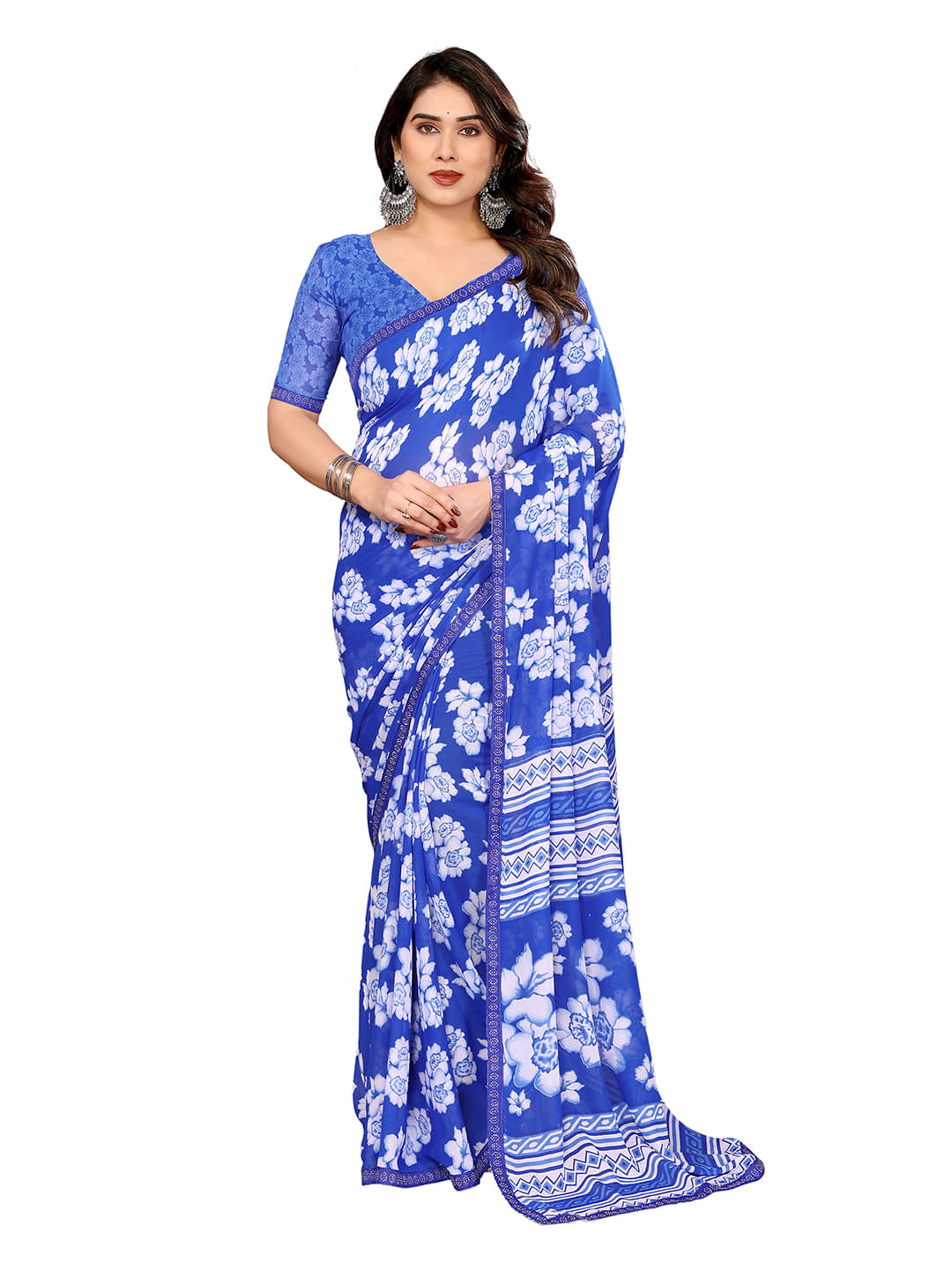     			Kashvi Sarees Georgette Printed Kasavu Saree With Unstitched Blouse Piece ( Blue )