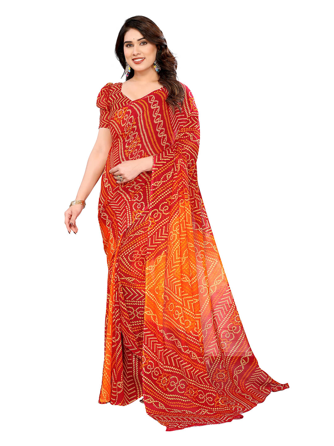 Kashvi Sarees Georgette Printed Bandhani Sarees With Unstitched Blouse Piece ( Red ) Kashvi Sarees Georgette Printed Bandhani Sarees With Unstitched Blouse Piece ( Red )