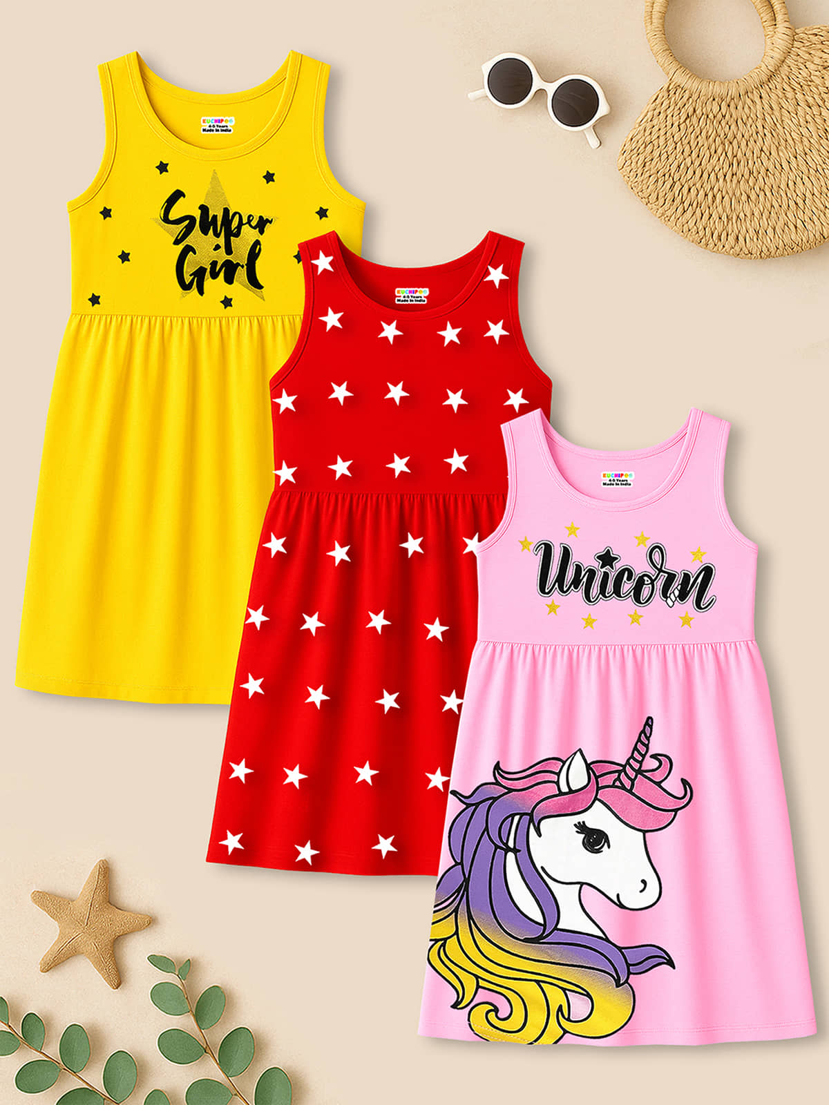 Kuchipoo Cotton Blend Dress For Girls ( Pack of 3 , Multicolor 6 )