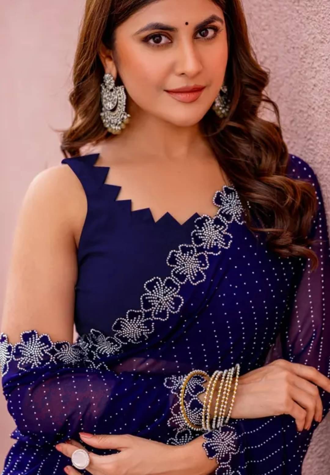     			MAYRAAFASHION Georgette Embellished Saree With Unstitched Blouse Piece ( Navy Blue )