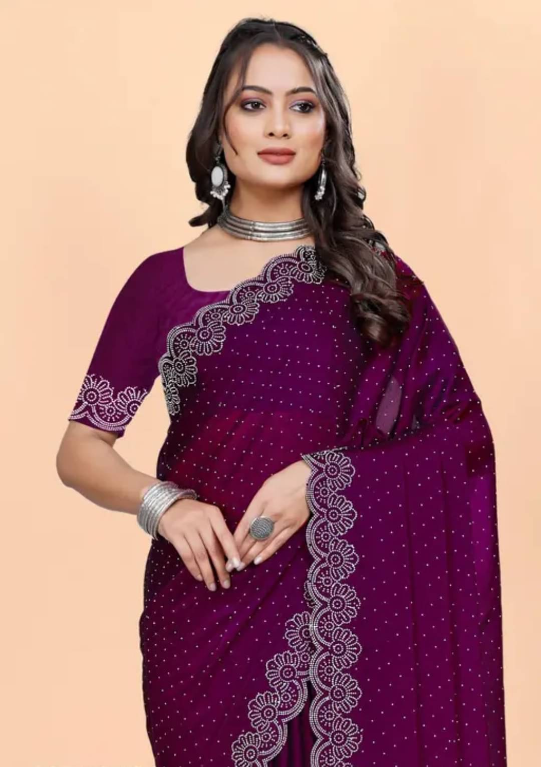     			MAYRAAFASHION Georgette Embellished Saree With Unstitched Blouse Piece ( Purple )
