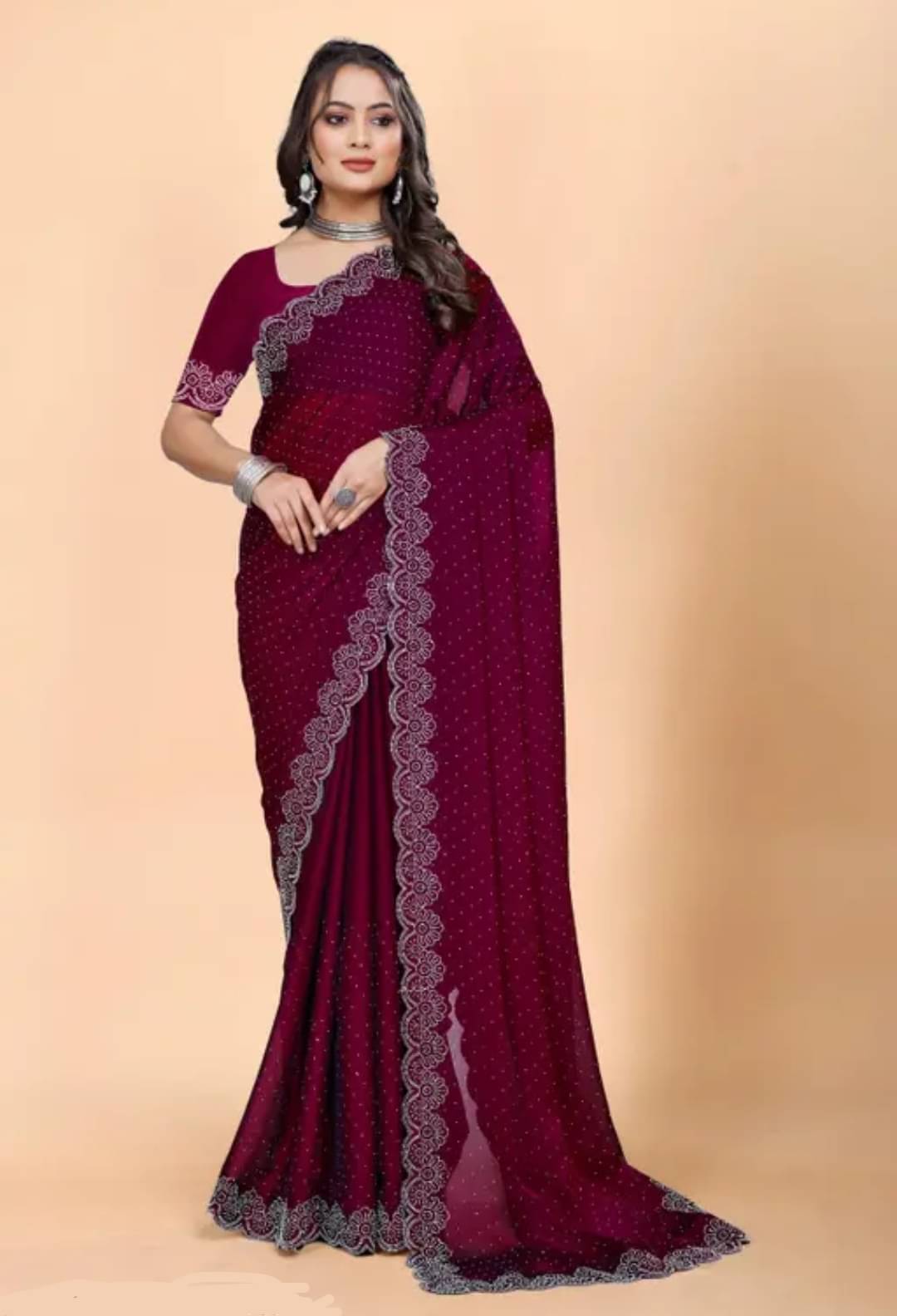 MAYRAAFASHION Georgette Embellished Saree With Unstitched Blouse Piece ( Maroon ) MAYRAAFASHION Georgette Embellished Saree With Unstitched Blouse Piece ( Maroon )
