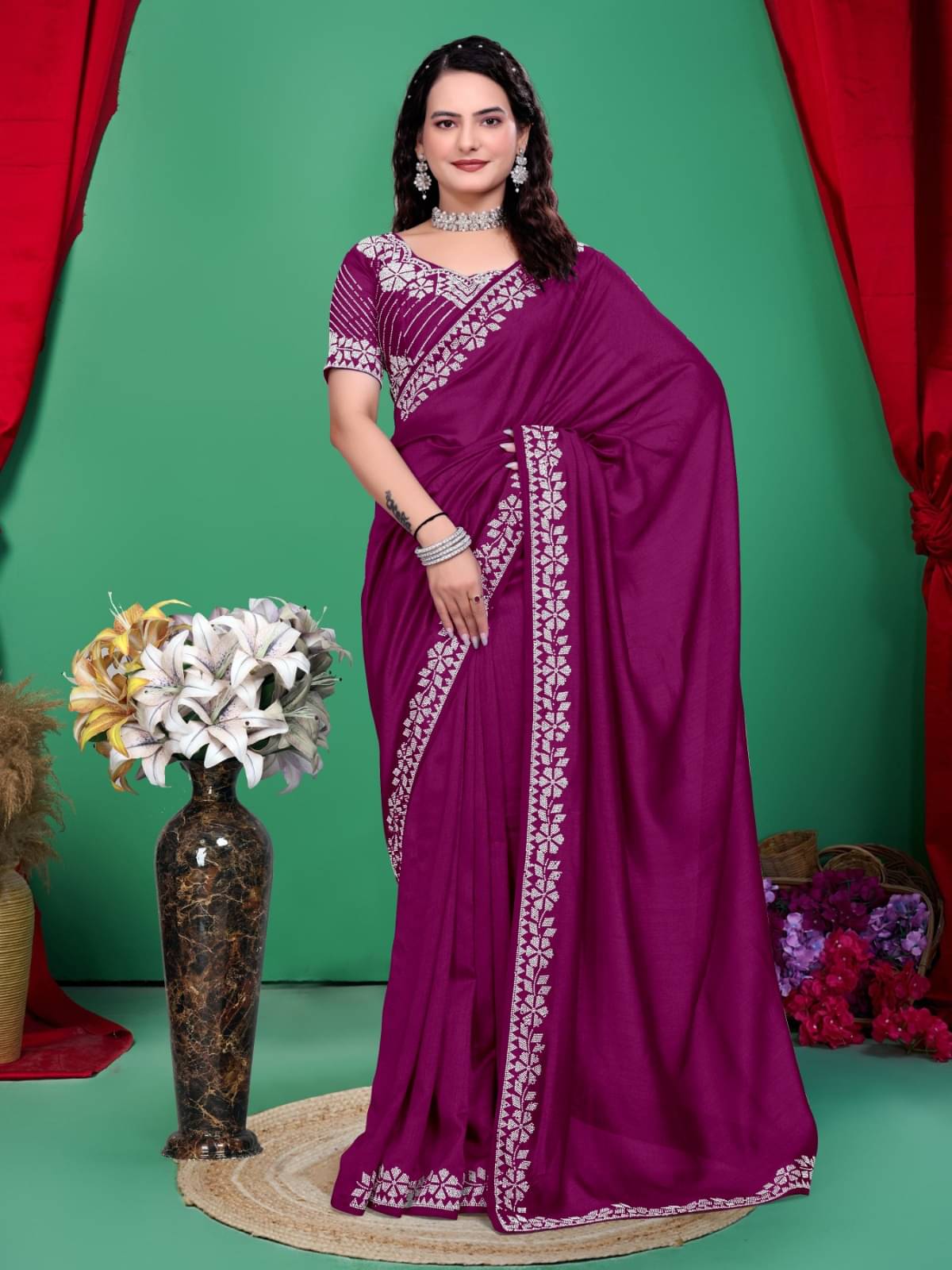     			MAYRAAFASHION Georgette Embellished Saree With Unstitched Blouse Piece ( Purple )