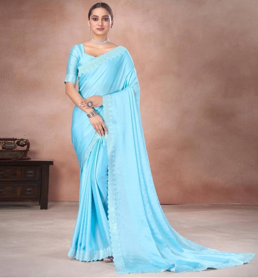 MAYRAAFASHION Georgette Embellished Saree With Unstitched Blouse Piece ( Sky Blue ) MAYRAAFASHION Georgette Embellished Saree With Unstitched Blouse Piece ( Sky Blue )