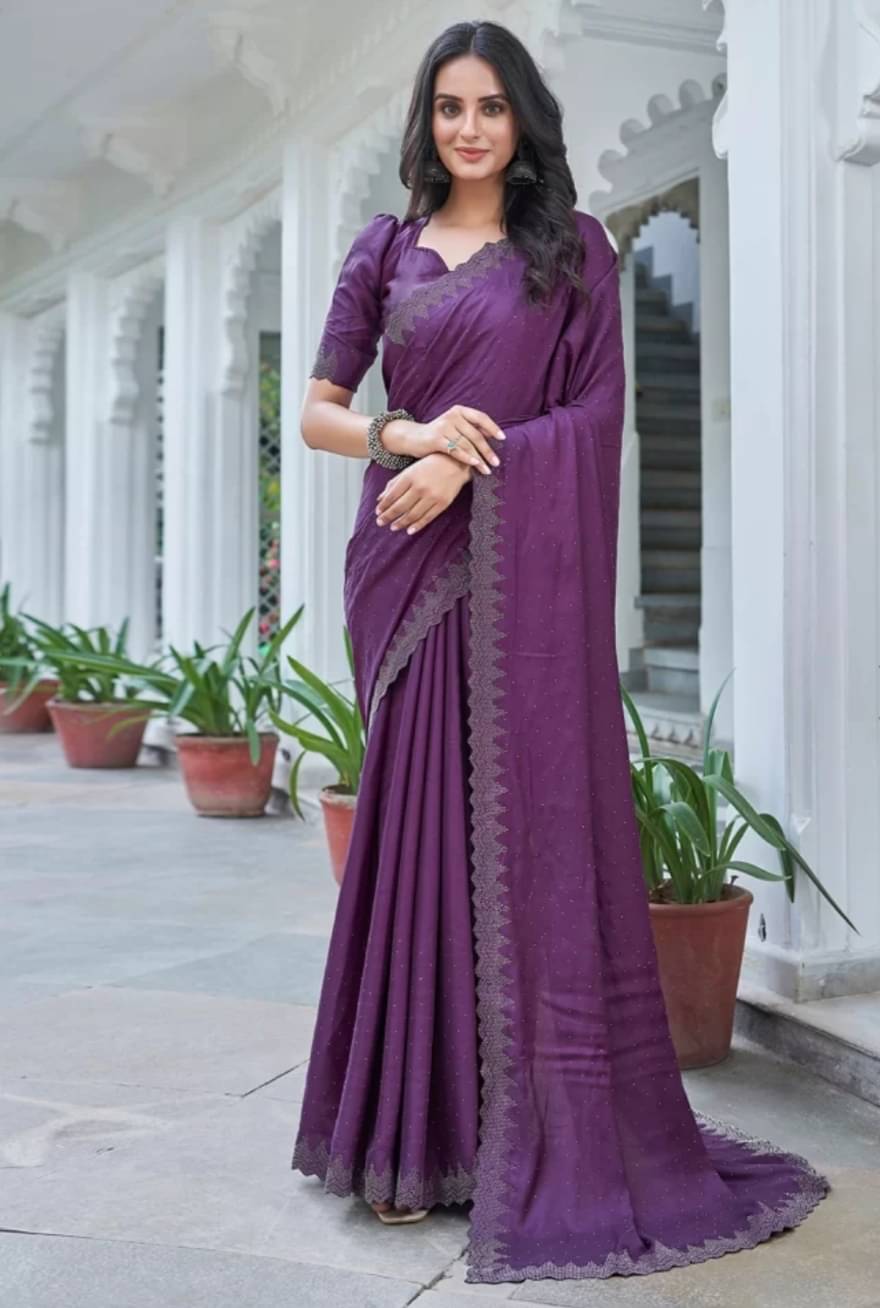     			MAYRAAFASHION Georgette Embellished Saree With Unstitched Blouse Piece ( Wine )