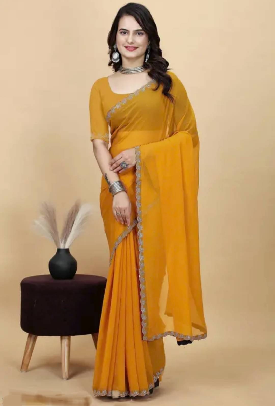 MAYRAAFASHION Georgette Embellished Saree With Unstitched Blouse Piece ( Yellow ) MAYRAAFASHION Georgette Embellished Saree With Unstitched Blouse Piece ( Yellow )