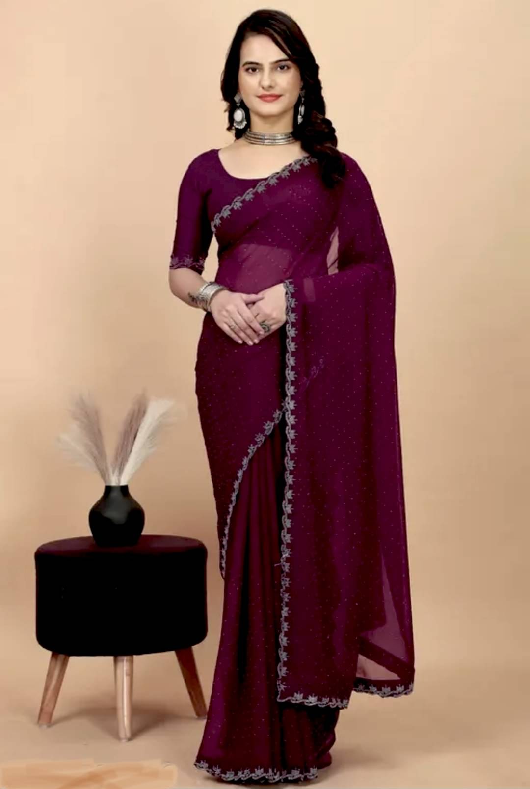     			MAYRAAFASHION Georgette Embellished Saree With Unstitched Blouse Piece ( Wine )