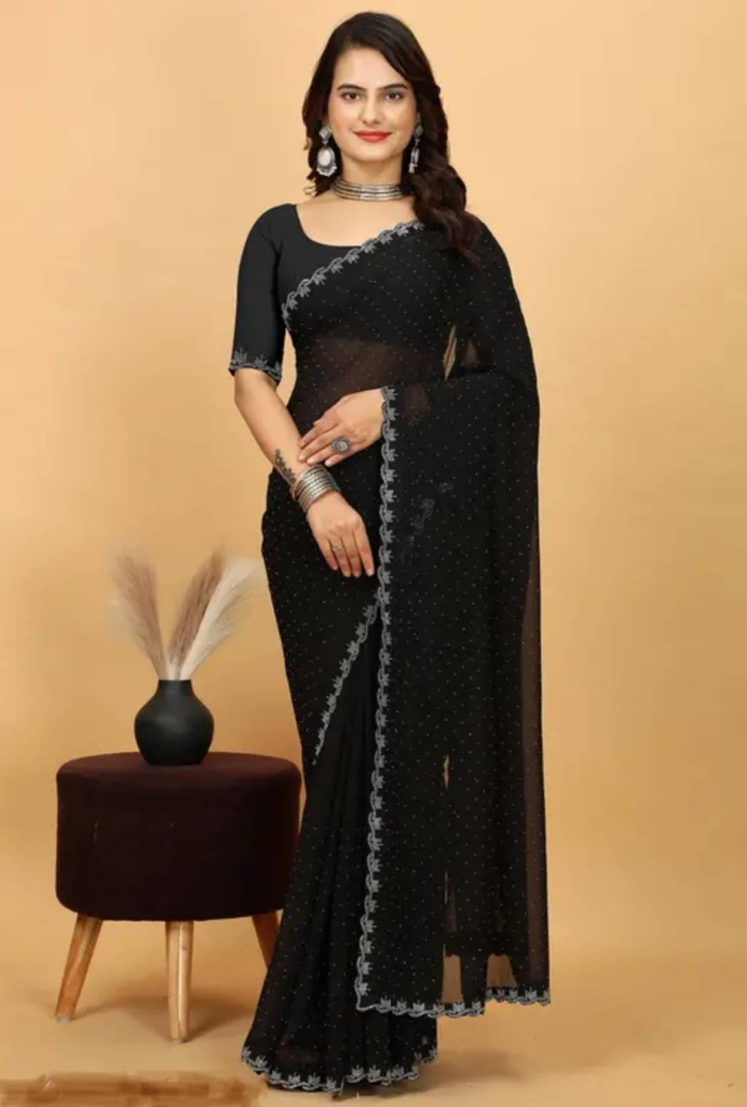     			MAYRAAFASHION Georgette Embellished Saree With Unstitched Blouse Piece ( Black )