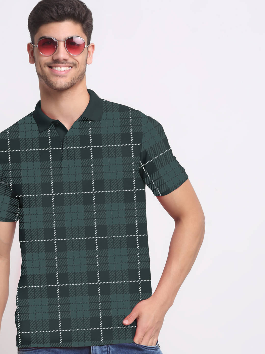Merriment Men Cotton Blend Regular Fit Checks Polo T Shirt ( Dark Green )     			Merriment Men Cotton Blend Regular Fit Checks Polo T Shirt ( Dark Green )