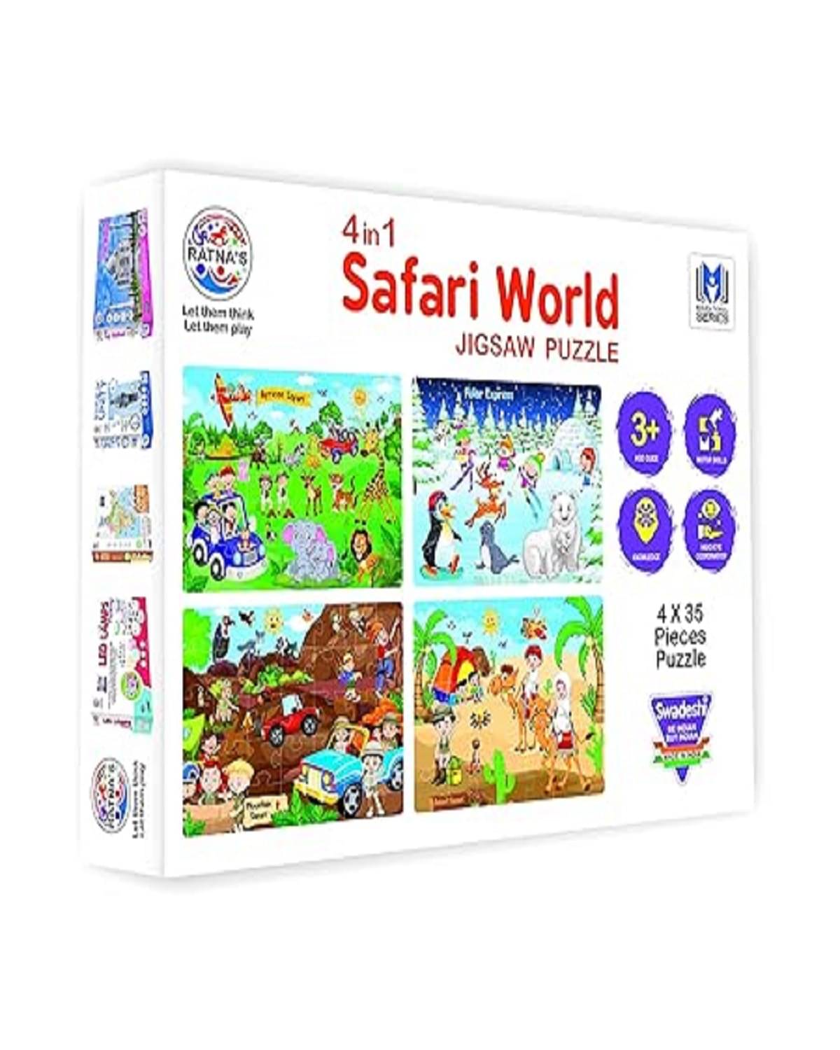     			OLIFIN 4 in 1 Safari World Jigsaw Puzzle for Kids. 4 Puzzles with 35 Pieces Each (African Safari, Polar Express, Mountain Safari & Desert Safari) Pack of 1