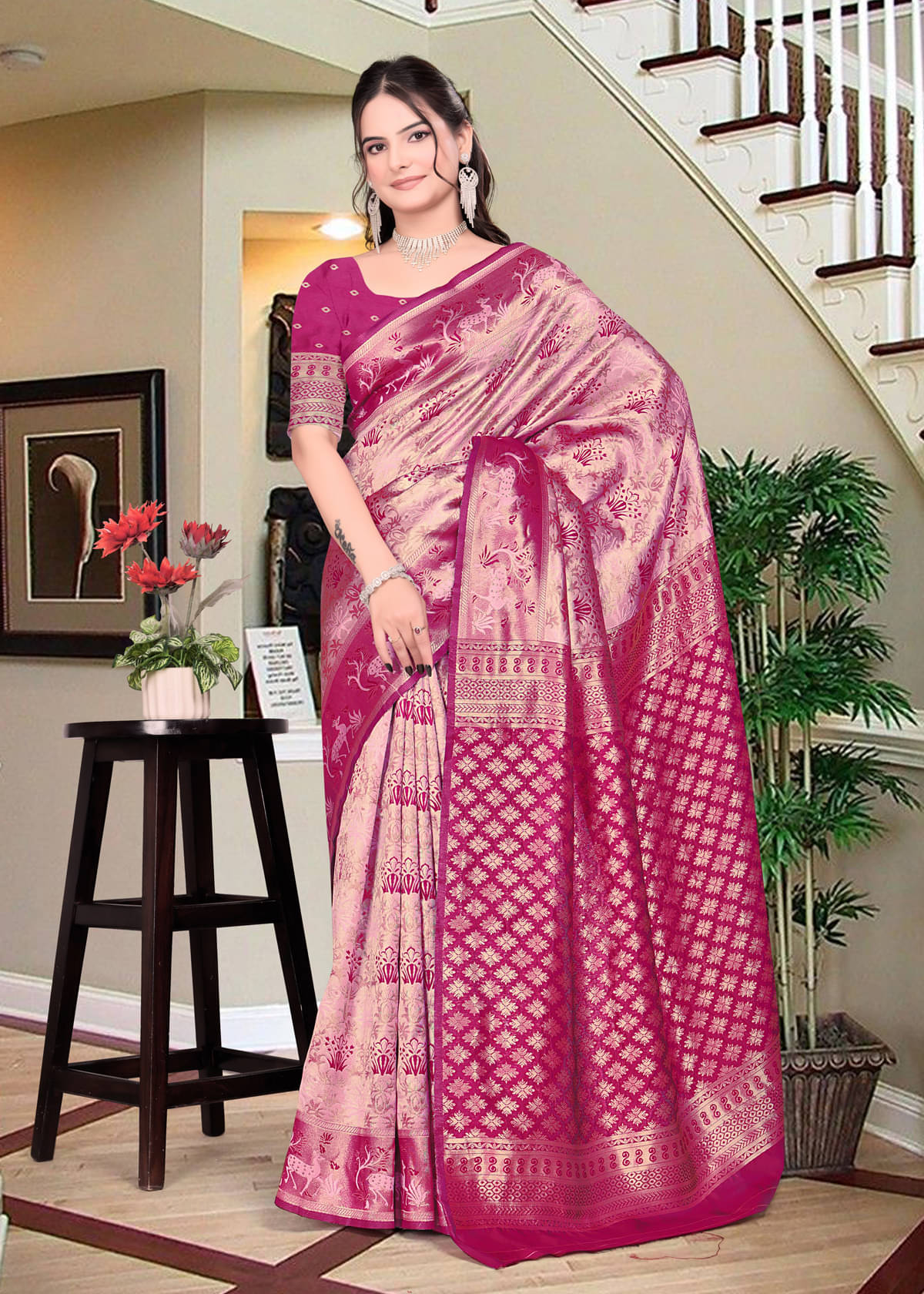     			Om Shantam Sarees Art Silk Woven Kanjeevaram Sarees With Unstitched Blouse Piece ( Pink )