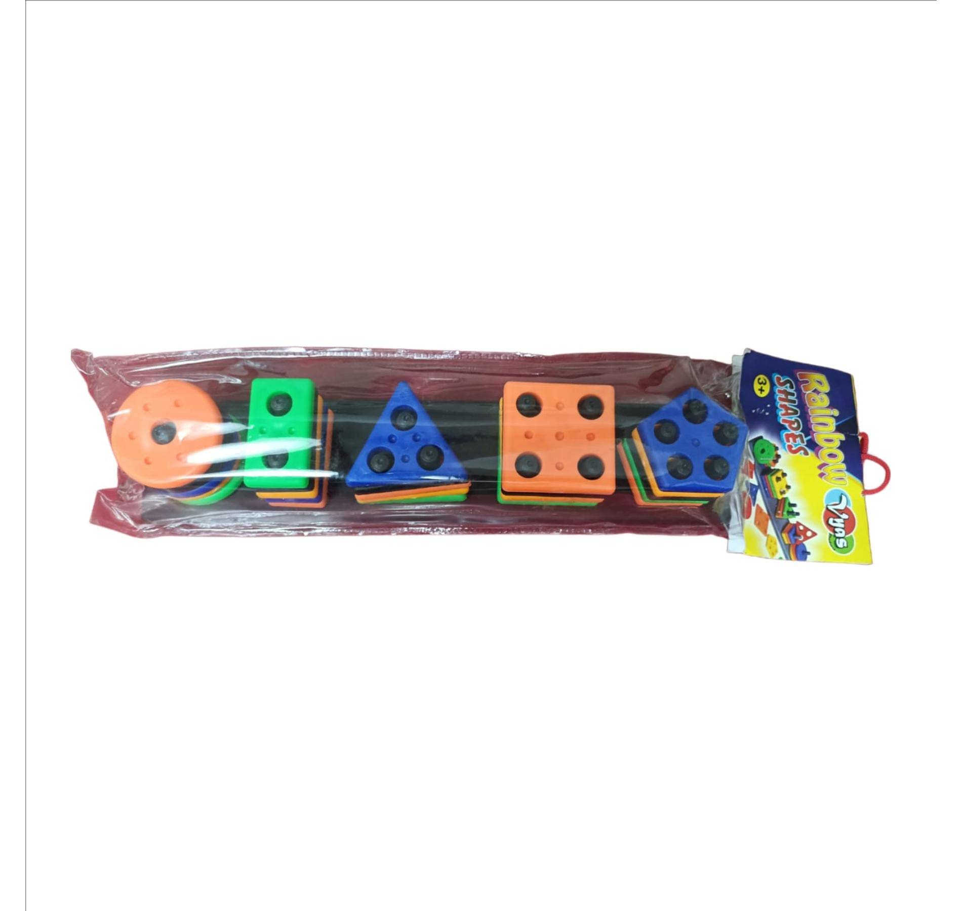     			Rainbow Shapes" geometric shape sorter and stacker puzzle game for children, packaged in clear plastic.