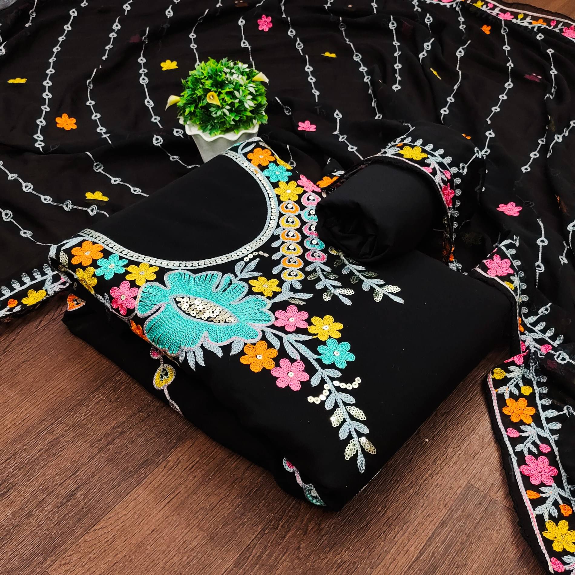 Rangtulika Ethnics Women Georgette Unstitched Dress Material ( Black ) Rangtulika Ethnics Women Georgette Unstitched Dress Material ( Black )