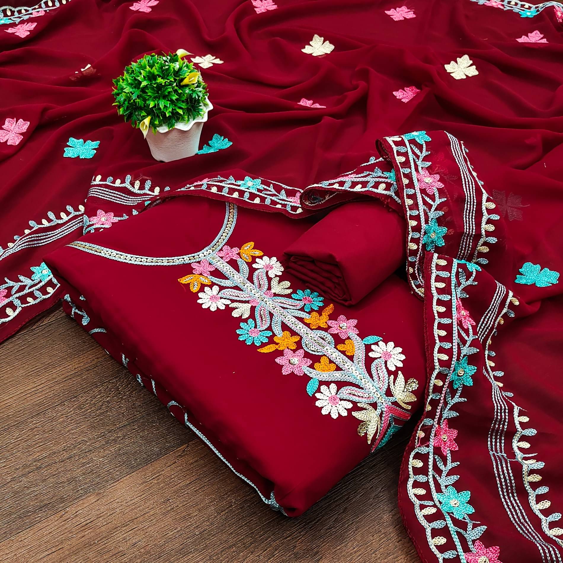     			Rangtulika Ethnics Women Georgette Unstitched Dress Material ( Maroon )