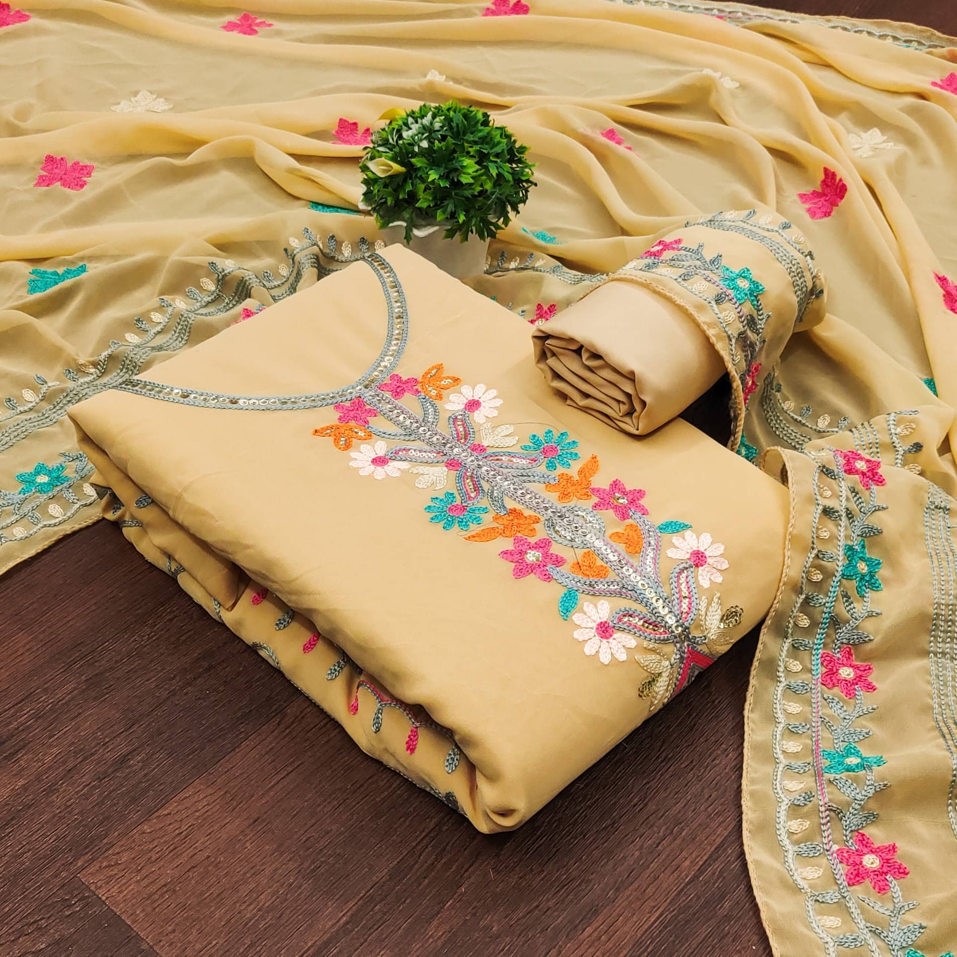     			Rangtulika Ethnics Women Georgette Unstitched Dress Material ( Beige )